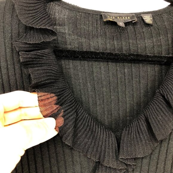 Ted Baker Anyibel Black  Ruffle V-Neck Ribbed knit fitted sweater size 1 (small) - Picture 11 of 16